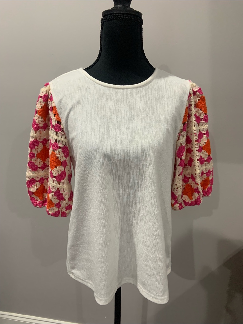 THML White Knit Top with Pink & Orange Crochet Puff Sleeves